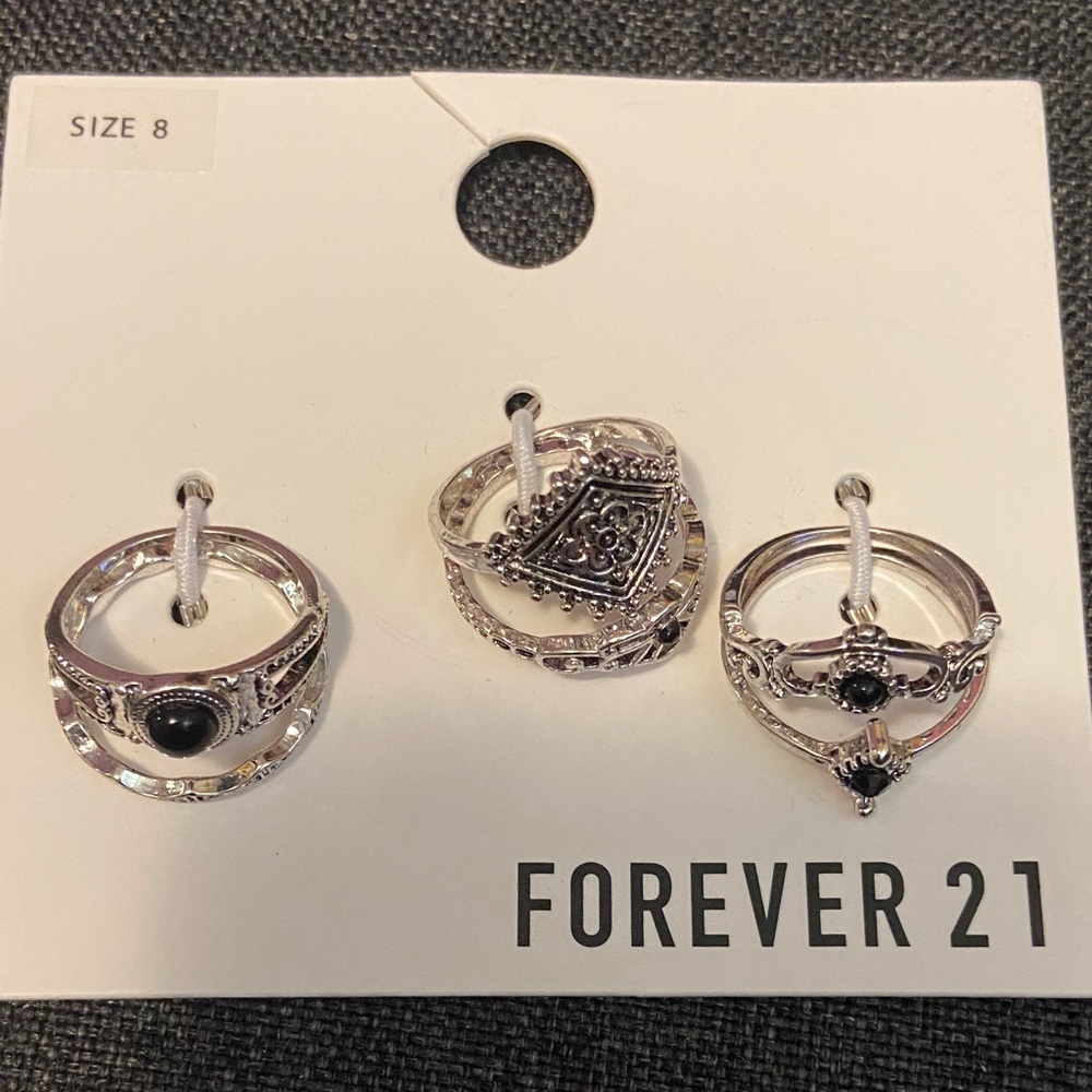 Forever 21 Intricate Silver and Black Ring Trio